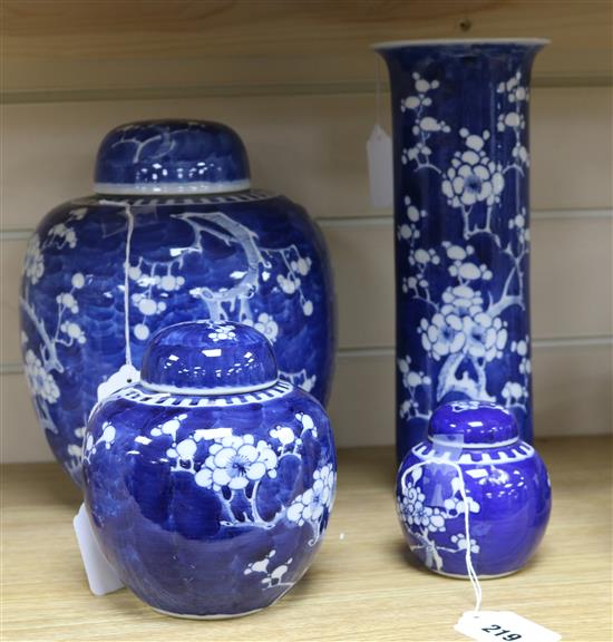 A group of three Chinese blue and white prunus jars and a vase (4)